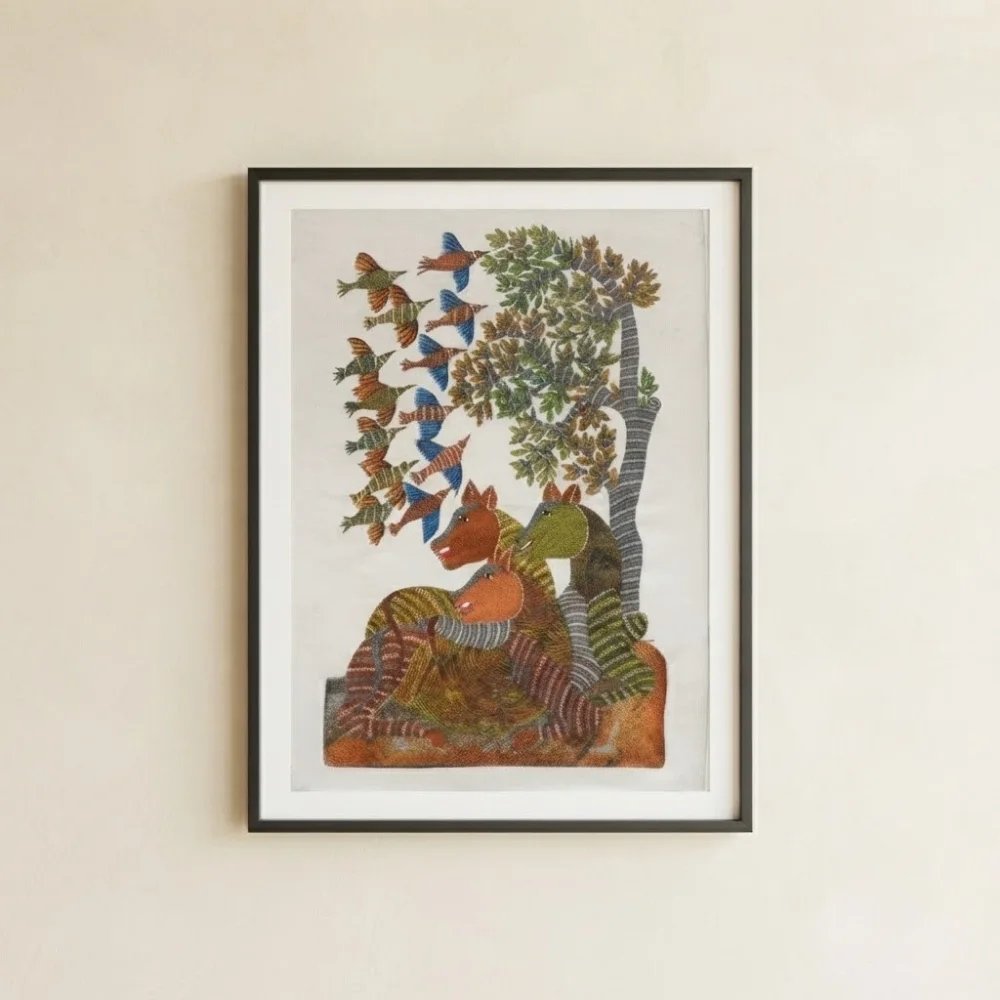 Authentic Hand-Painted Gond Tribal Painting – The Deer Family & Migratory Birds Canvas Art Thumbnail 1