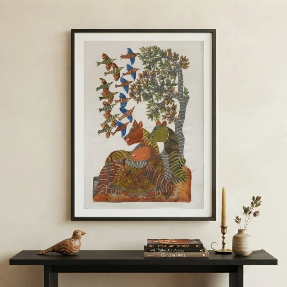 Authentic Hand-Painted Gond Tribal Painting – The Deer Family & Migratory Birds Canvas Art Thumbnail 2