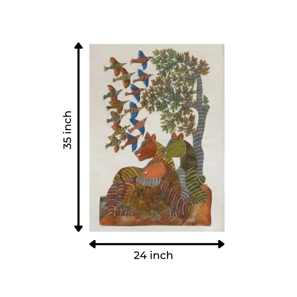 Authentic Hand-Painted Gond Tribal Painting – The Deer Family & Migratory Birds Canvas Art Thumbnail 3