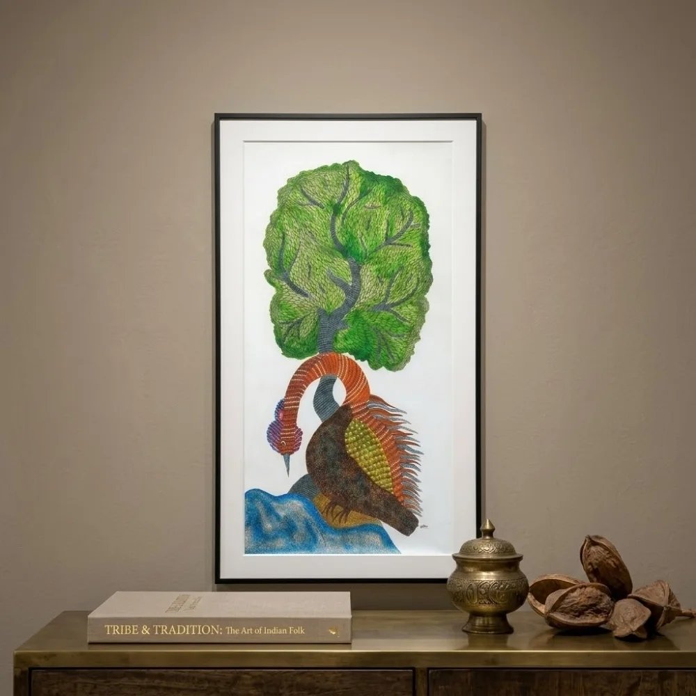 Authentic Hand-Painted Gond Tribal Painting – The Mystic Crane and Tree of Life Canvas Art Thumbnail 2