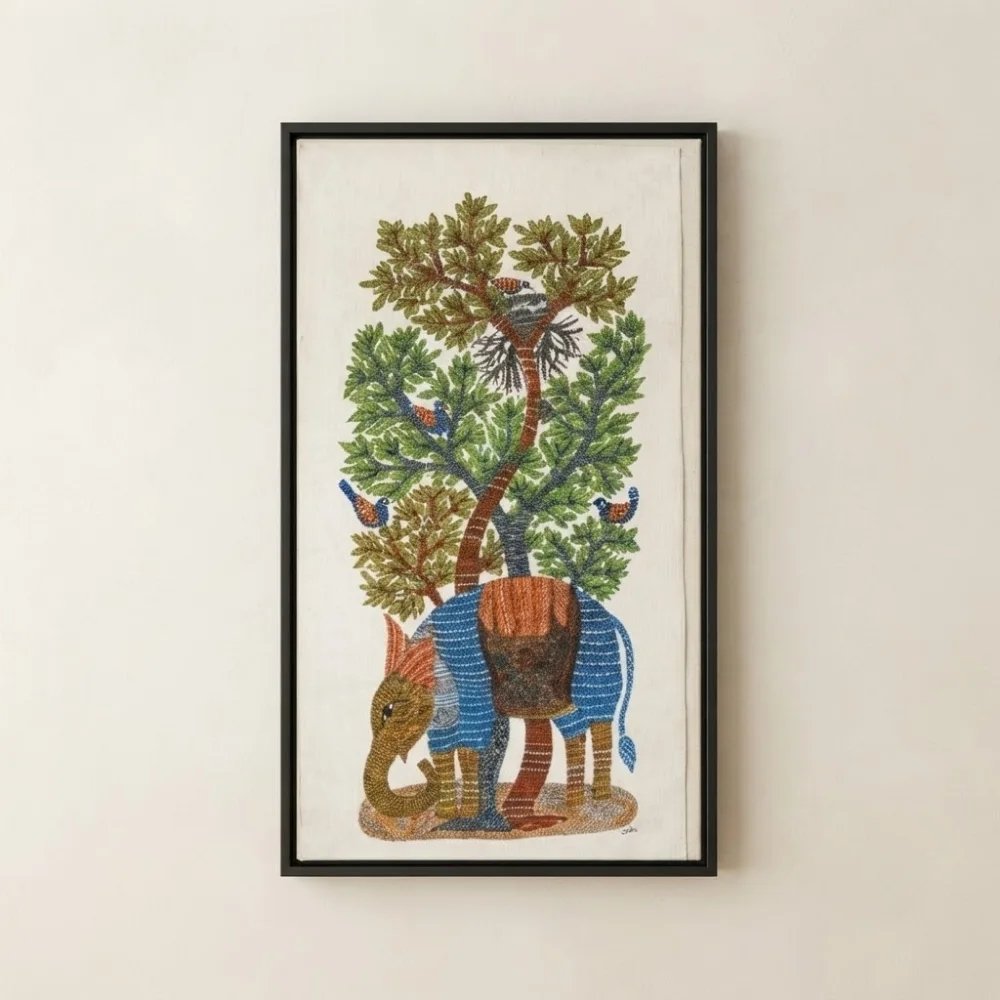 Authentic Hand-Painted Gond Tribal Painting – The Sacred Blue Elephant & Tree of Life Canvas Art Thumbnail 1
