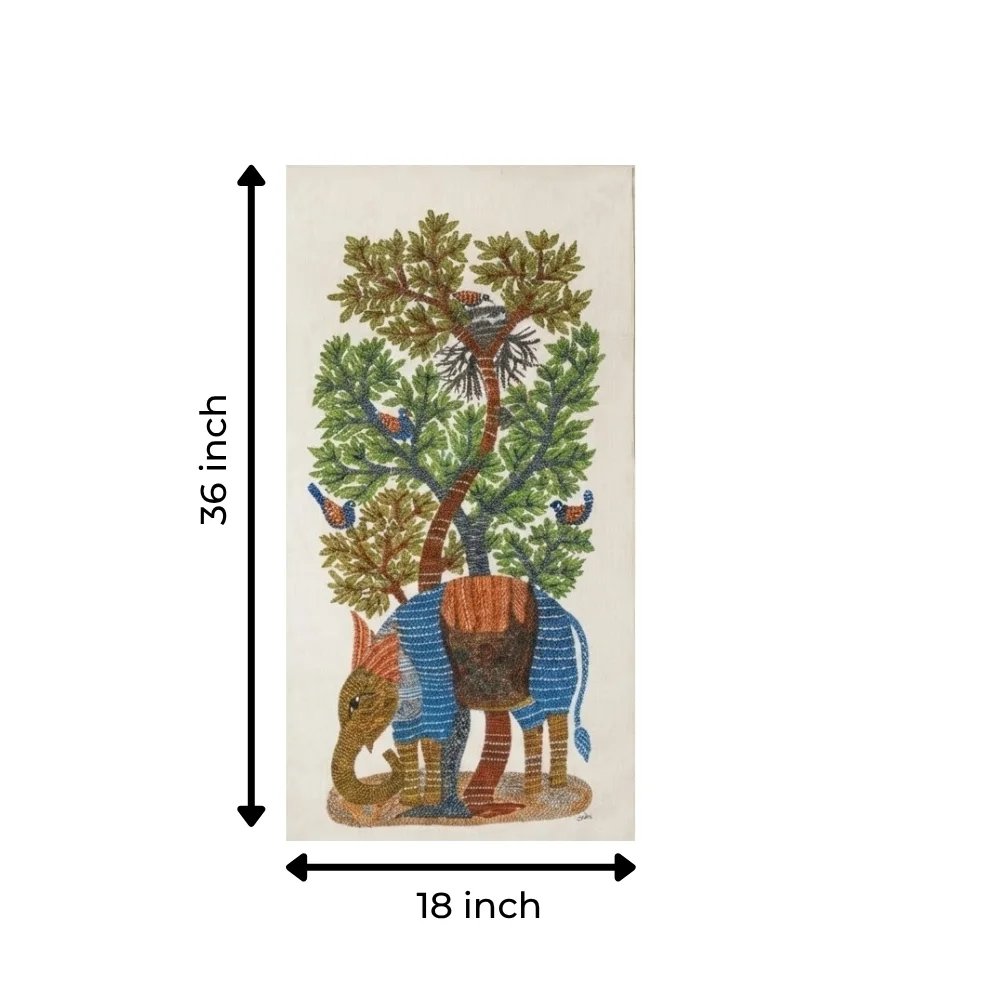 Authentic Hand-Painted Gond Tribal Painting – The Sacred Blue Elephant & Tree of Life Canvas Art Thumbnail 3