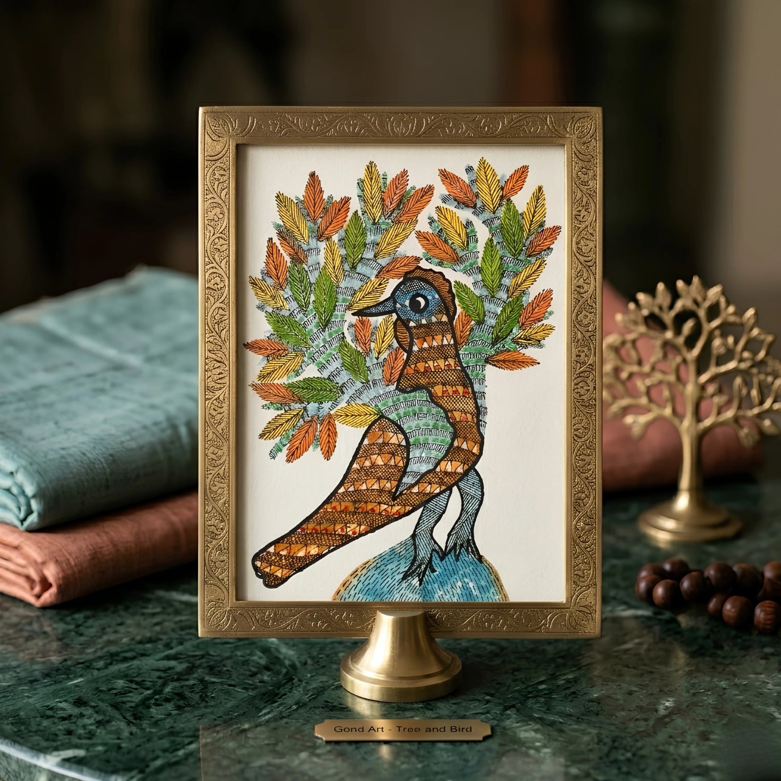Authentic Gond Art Painting – Traditional Tribal Bird and Tree Artwork on Paper Thumbnail 2