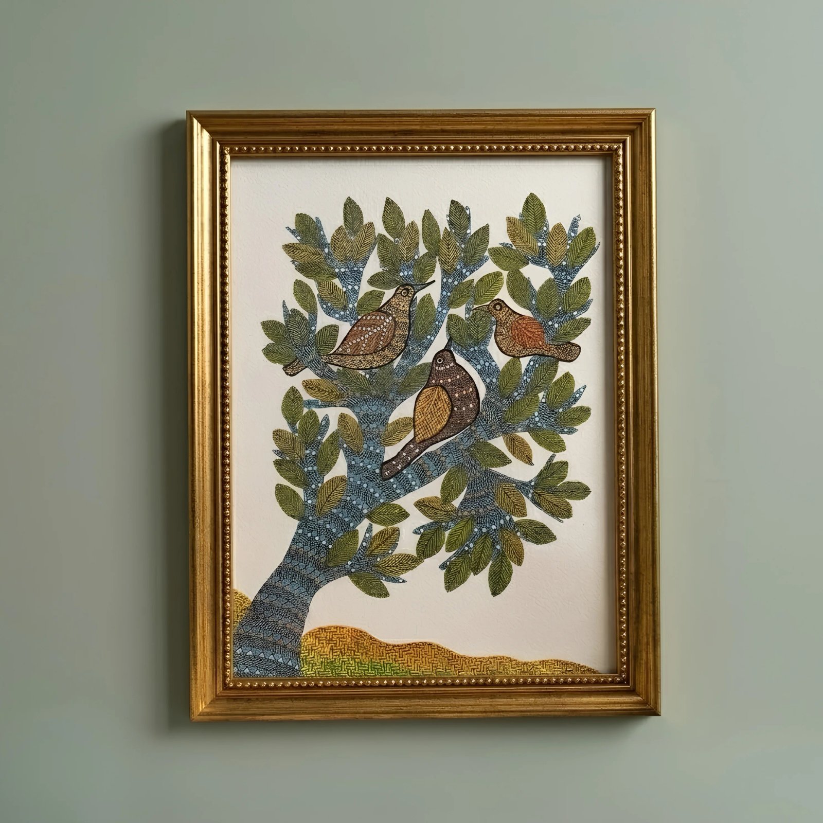 Authentic Gond Painting – Traditional Tribal Birds on Tree of Life Art Thumbnail 1