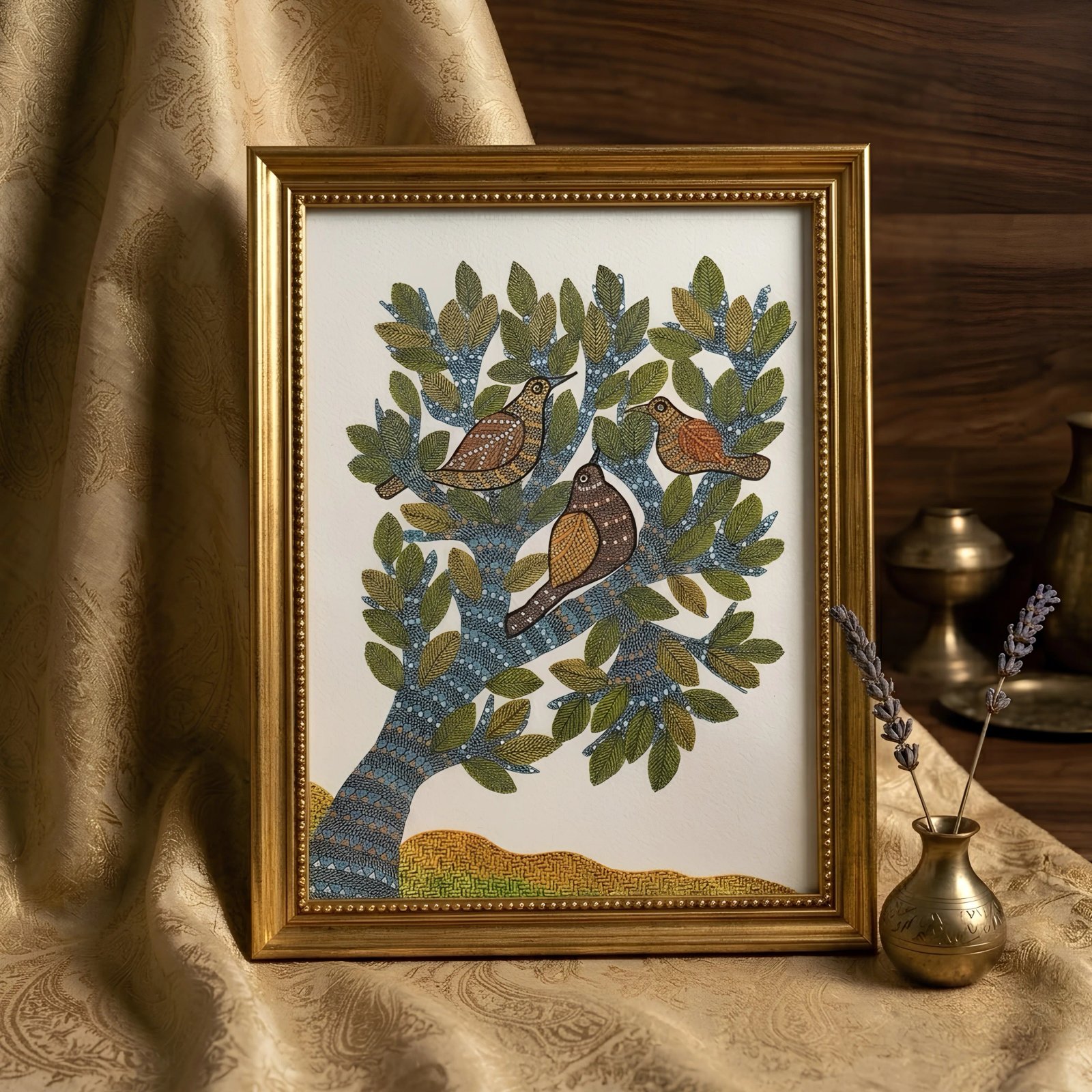 Authentic Gond Painting – Traditional Tribal Birds on Tree of Life Art alternate view