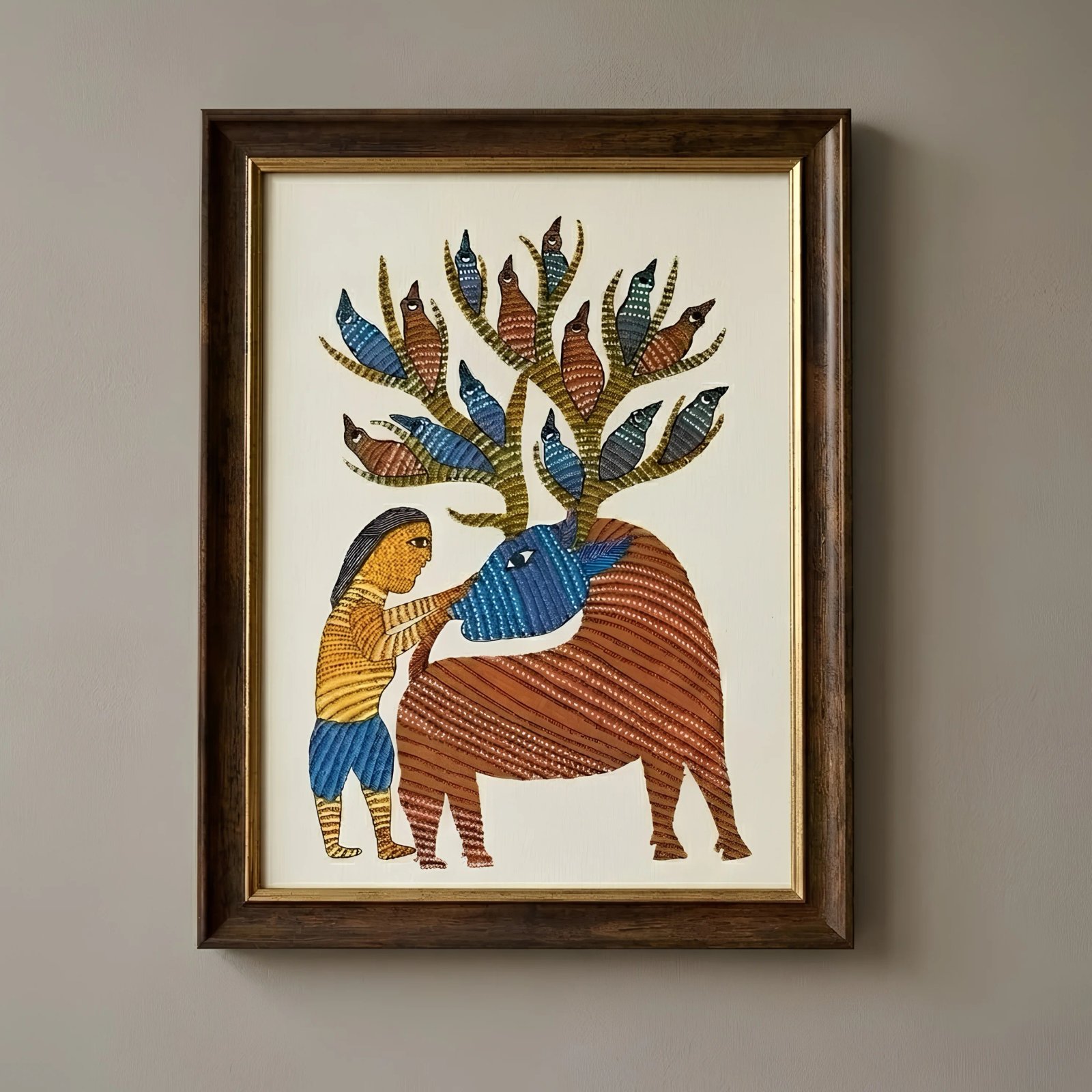 Authentic Gond Painting – Traditional Tribal Mythological Deer and Anthropomorphic Tree of Life