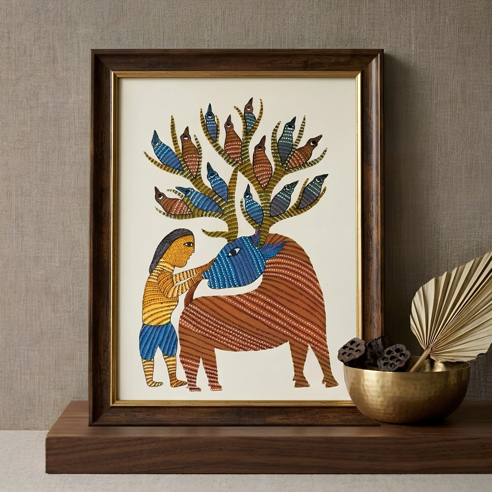 Authentic Gond Painting – Traditional Tribal Mythological Deer and Anthropomorphic Tree of Life alternate view