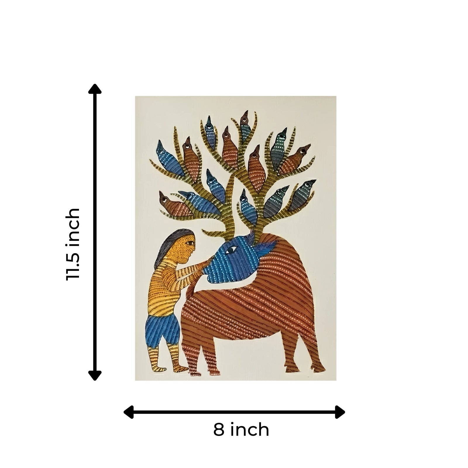 Authentic Gond Painting – Traditional Tribal Mythological Deer and Anthropomorphic Tree of Life Thumbnail 3