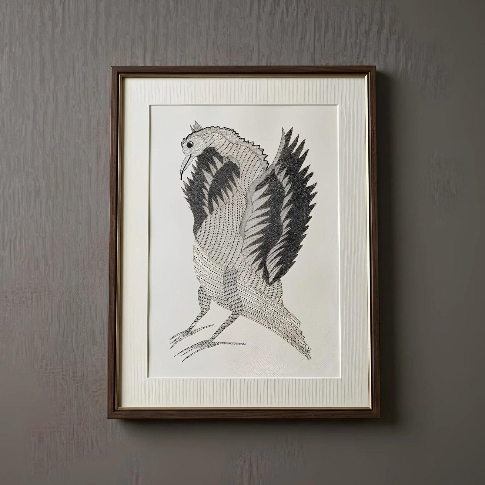 Authentic Monochrome Gond Painting – Traditional Tribal Ink Art of Mythological Bird Thumbnail 1