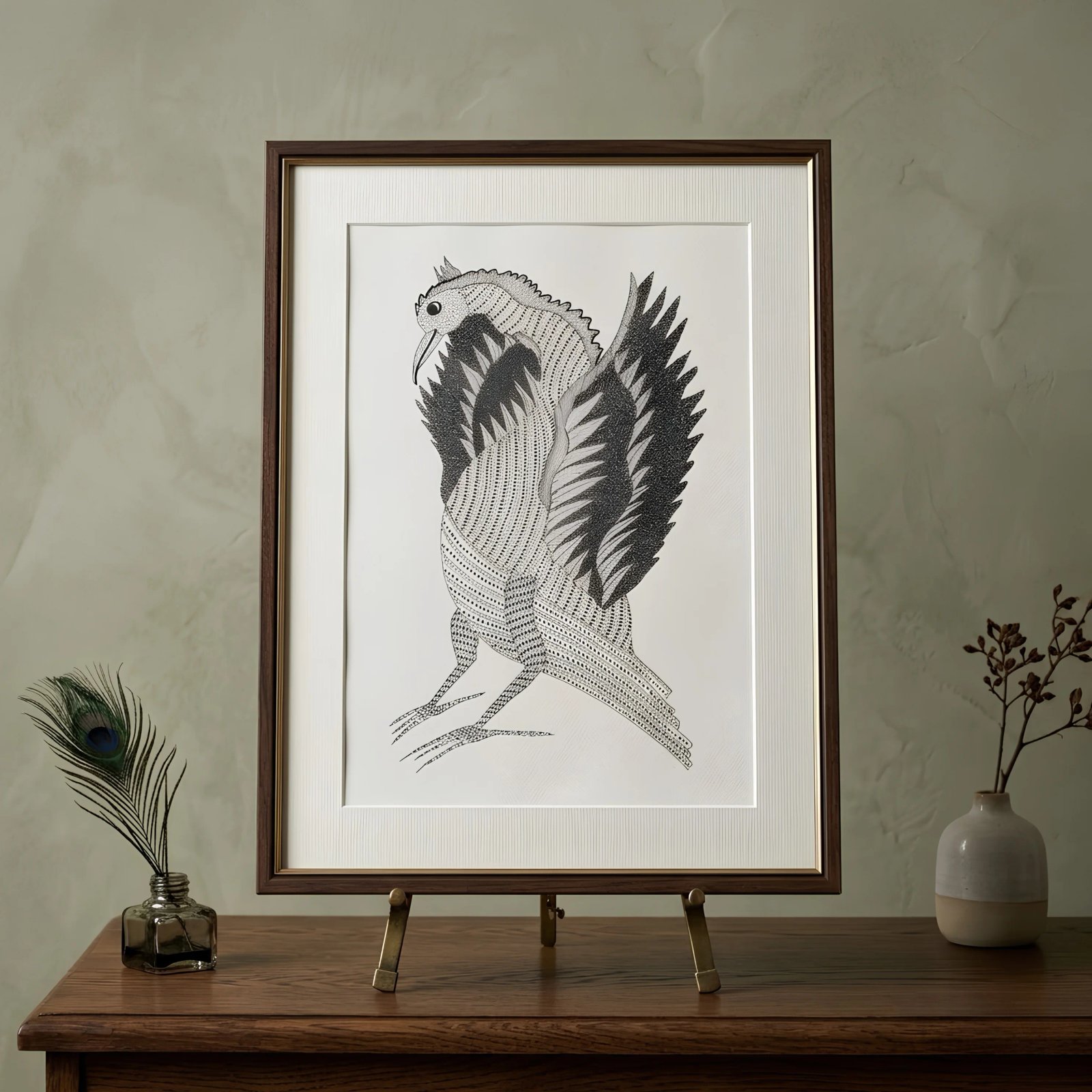 Authentic Monochrome Gond Painting – Traditional Tribal Ink Art of Mythological Bird alternate view