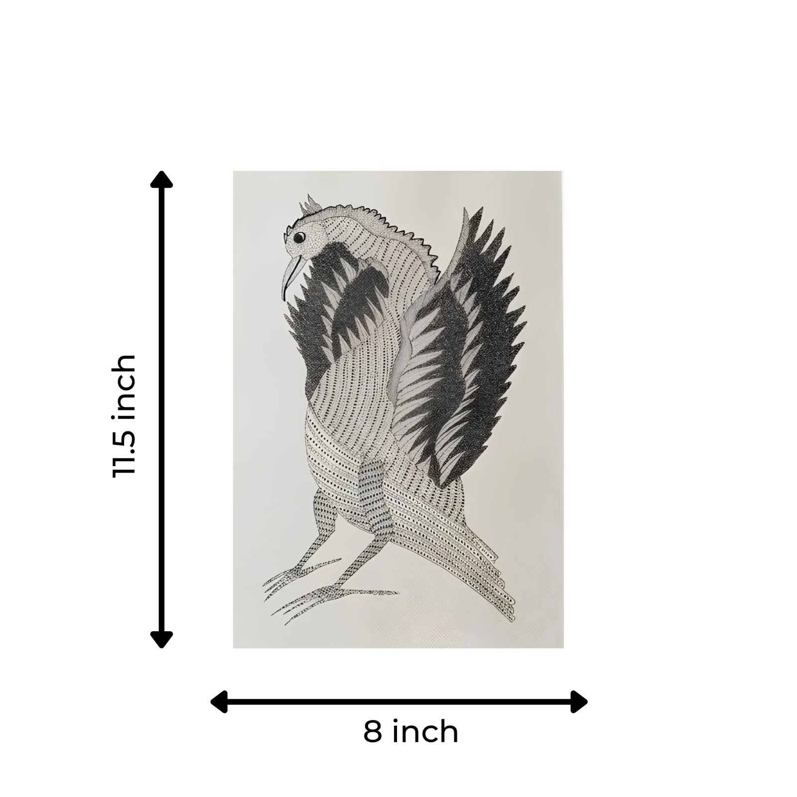 Authentic Monochrome Gond Painting – Traditional Tribal Ink Art of Mythological Bird Thumbnail 3