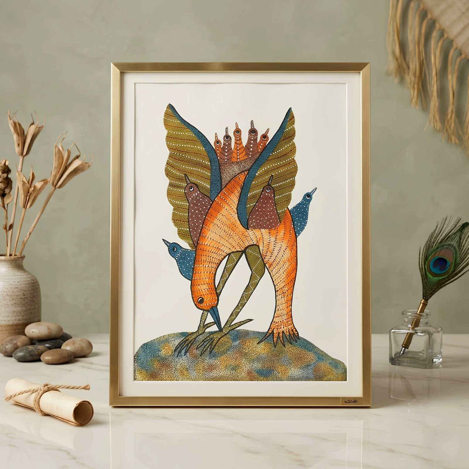 Authentic Gond Painting – Traditional Tribal Mythological Bird Metamorphosis Art alternate view