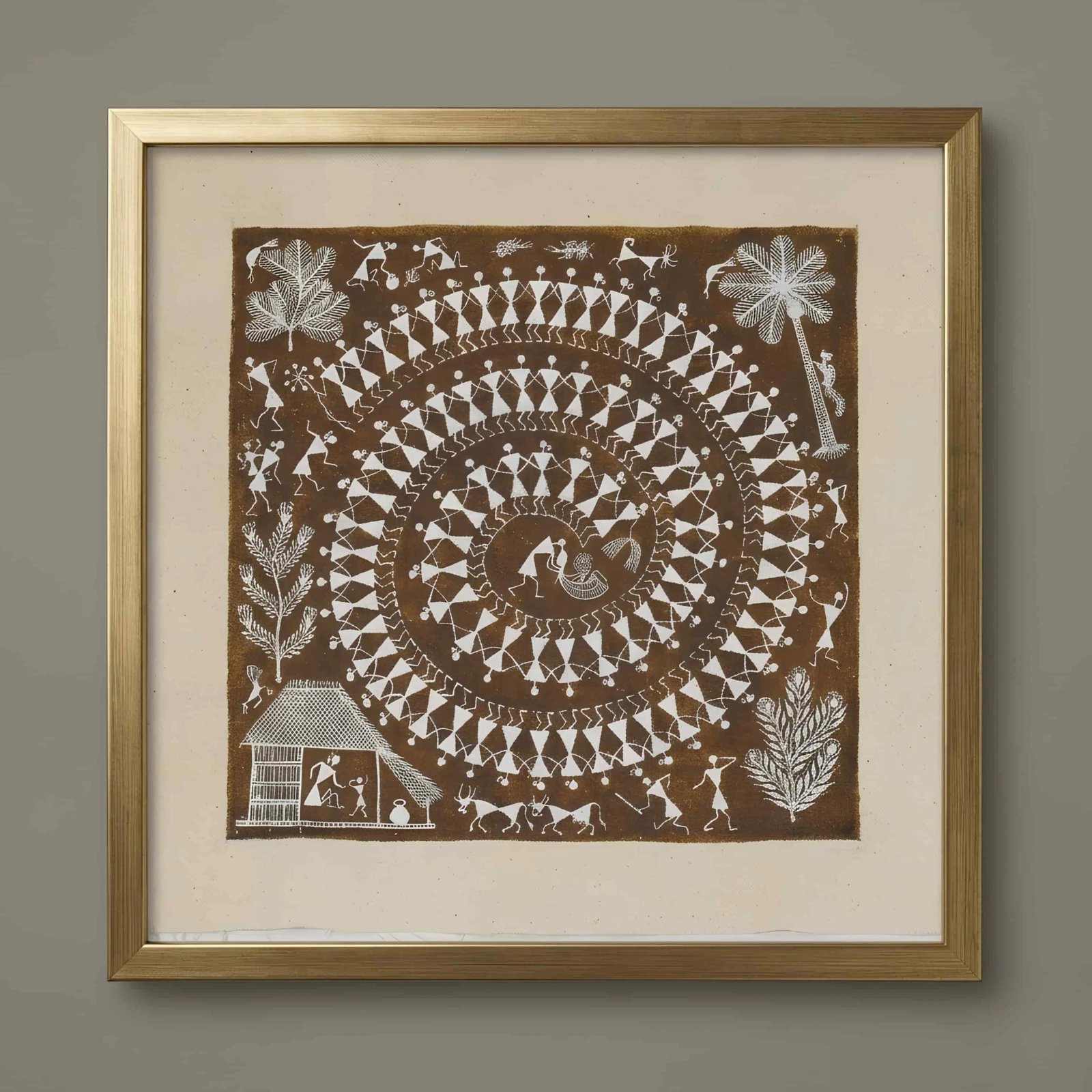 Handmade Warli Painting - Sacred Spiral Tarpa Dance