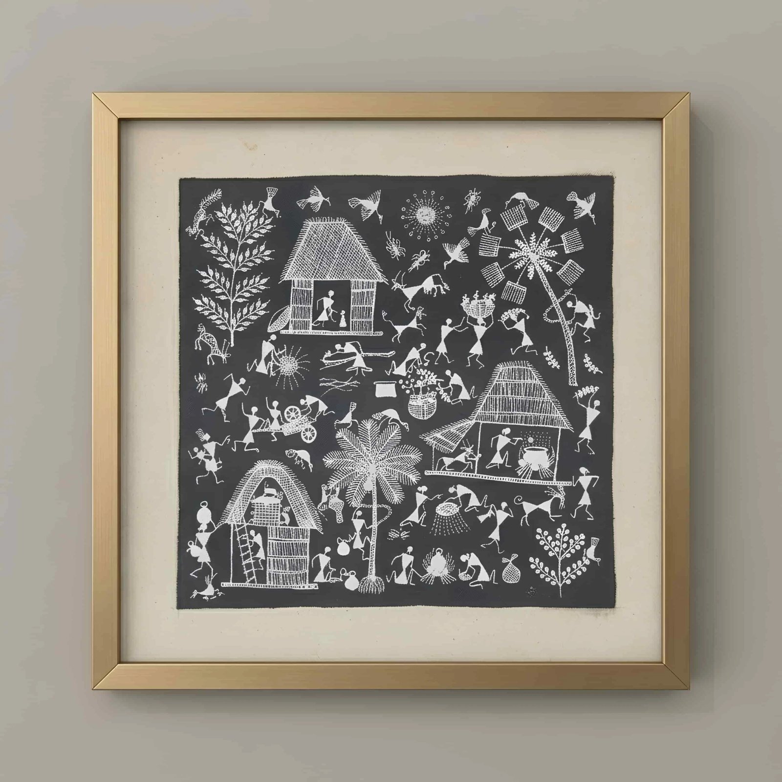 Handmade Warli Painting - Traditional Tribal Village Life