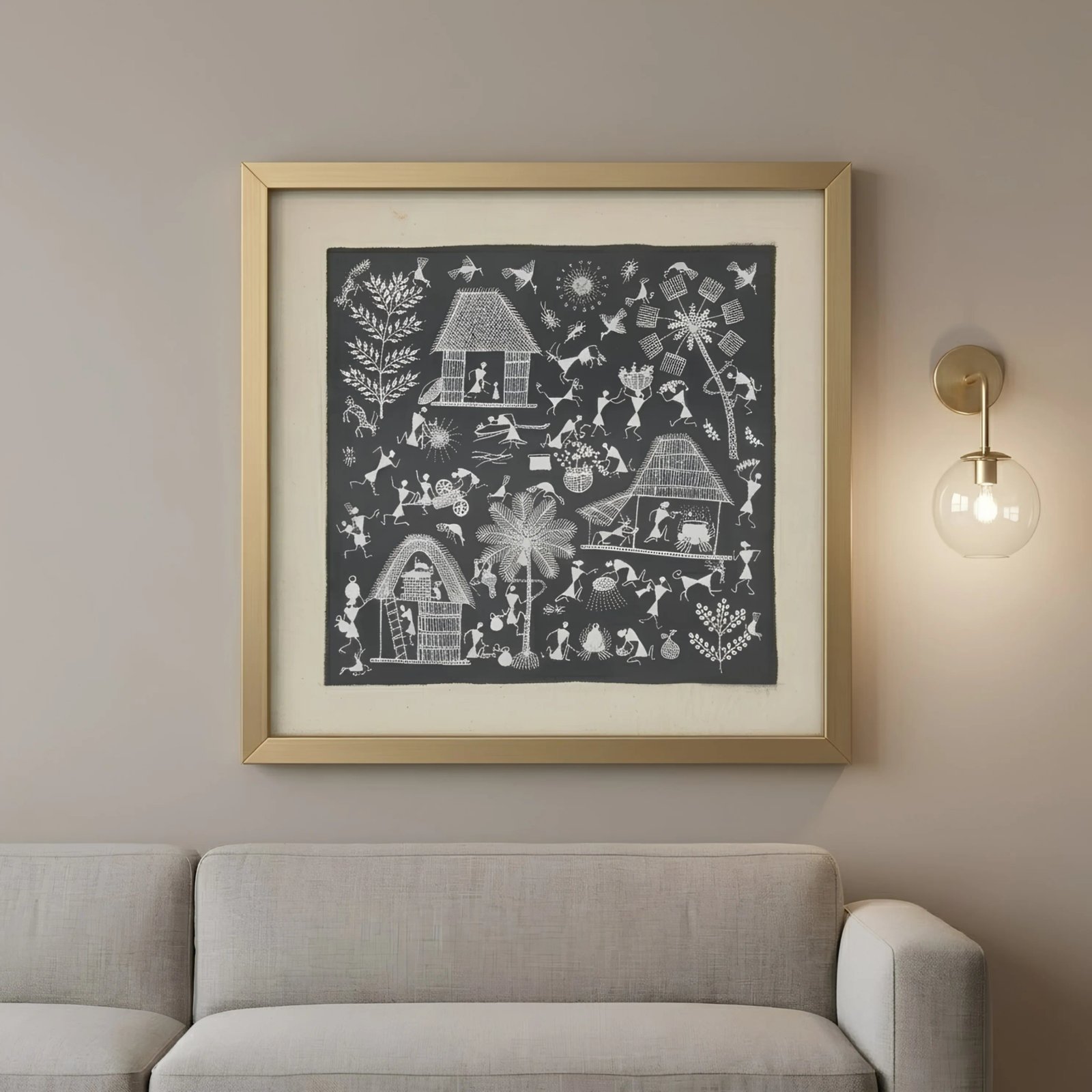Handmade Warli Painting - Traditional Tribal Village Life alternate view