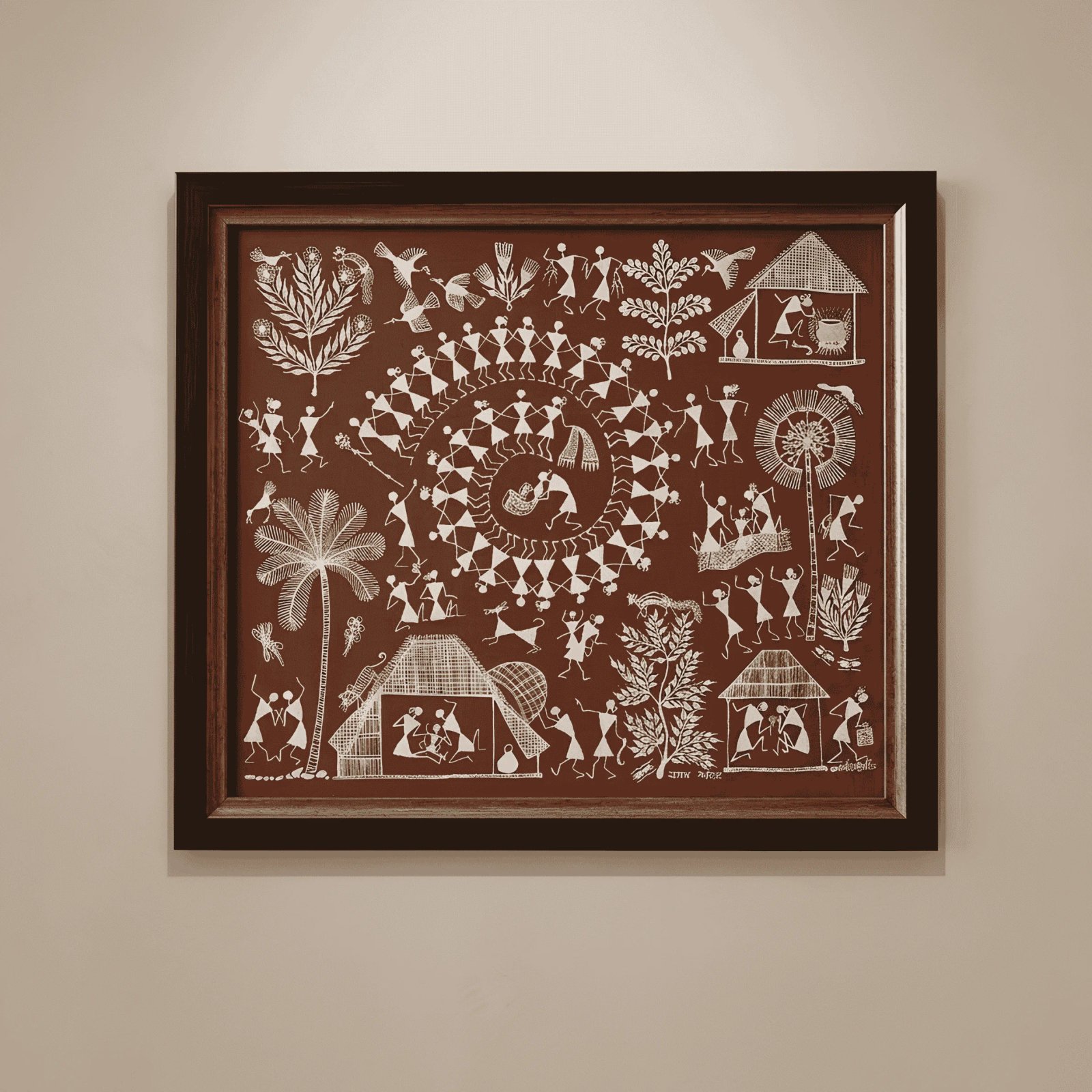 Handpainted Brick Red Warli Painting – Traditional Tarpa Dance, Village Settlement & Rural Life Chronicles Thumbnail 1