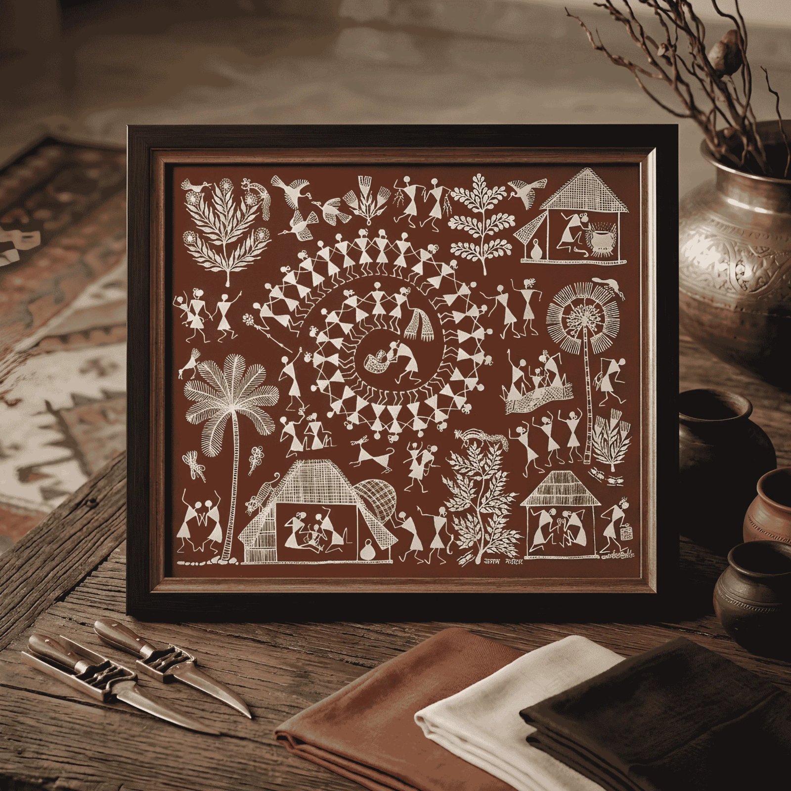 Handpainted Brick Red Warli Painting – Traditional Tarpa Dance, Village Settlement & Rural Life Chronicles Thumbnail 2