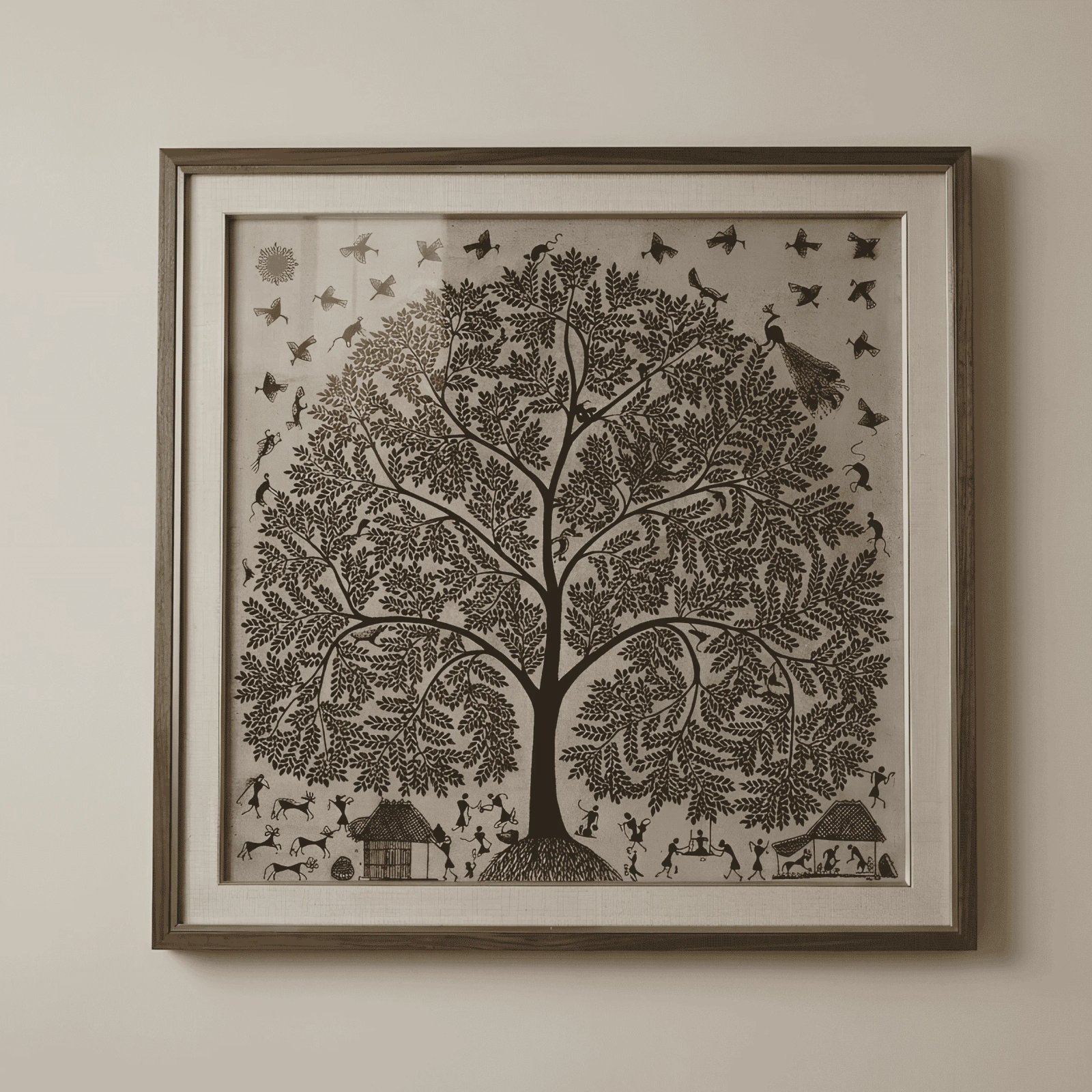 Authentic Warli Tree of Life Painting by Sanjay Parhad – Monochrome Black and Grey Traditional Tribal Canvas Art
