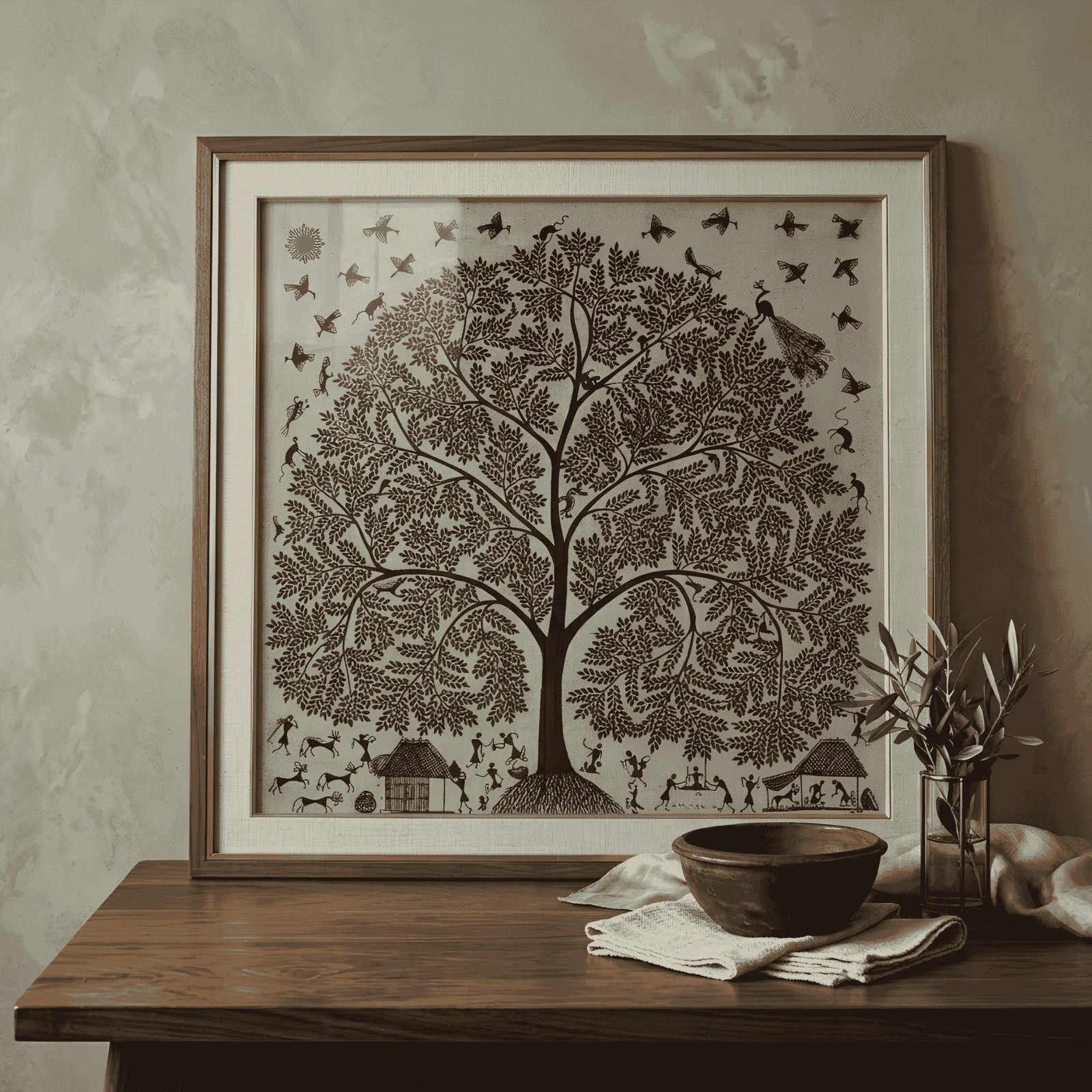 Authentic Warli Tree of Life Painting by Sanjay Parhad – Monochrome Black and Grey Traditional Tribal Canvas Art Thumbnail 2