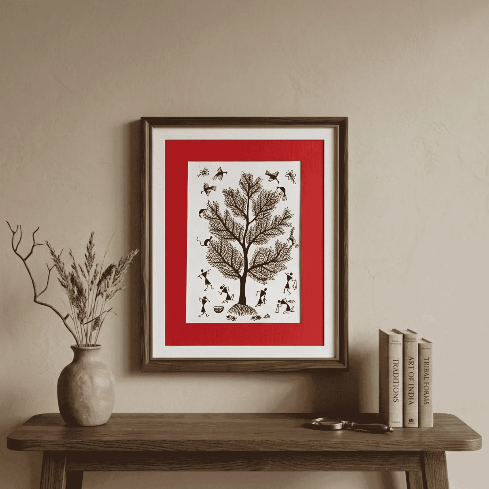 Original Warli Tribal Painting - Sacred Tree with Village Life and Animals Thumbnail 2