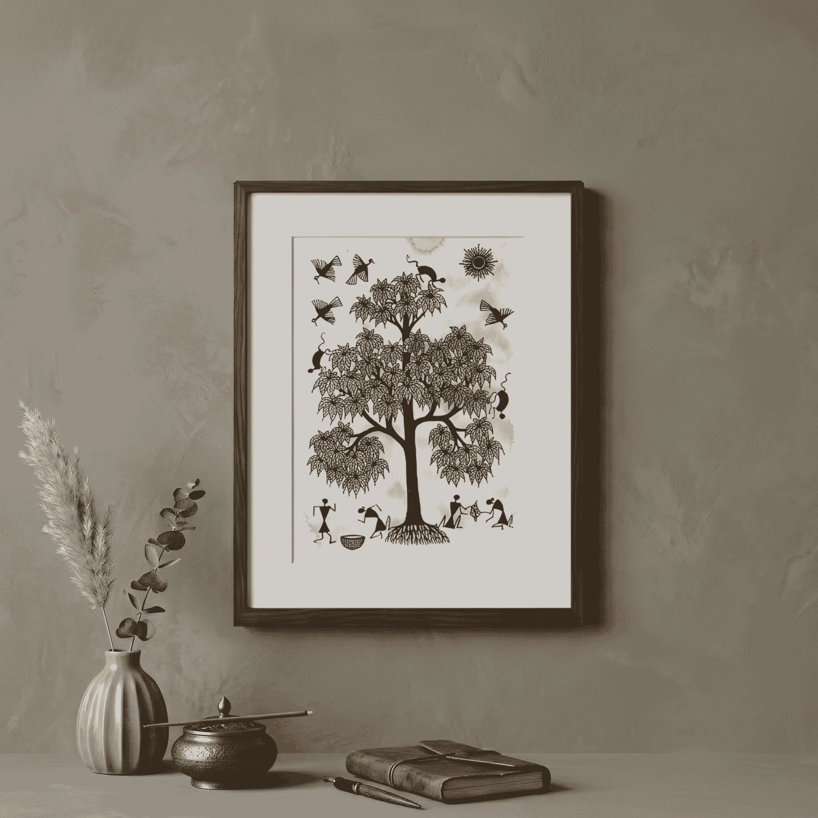 Hand-Painted Warli Tribal Art – Tree of Life & Village Harvest Wall Painting Thumbnail 2