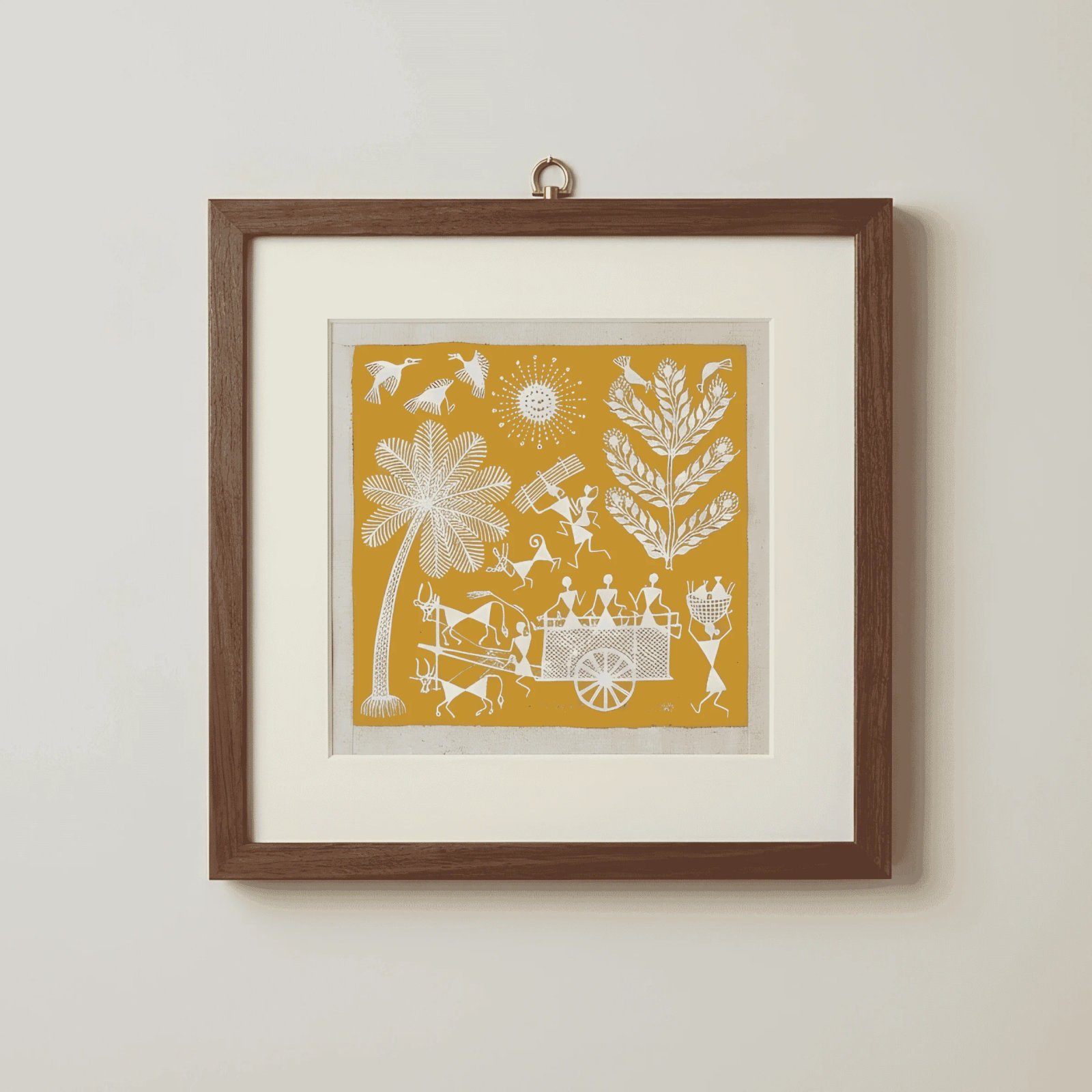 Authentic Warli Painting on Canvas Fabric – Traditional Bullock Cart & Palm Tree Scene Thumbnail 1