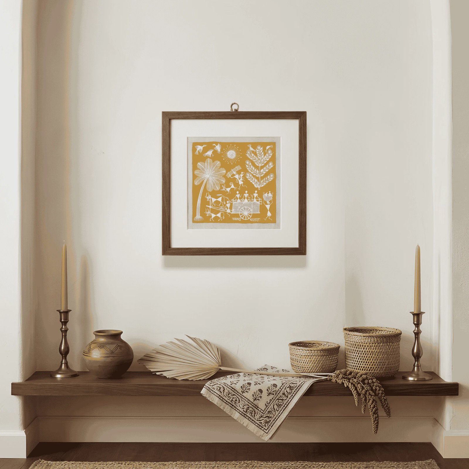 Authentic Warli Painting on Canvas Fabric – Traditional Bullock Cart & Palm Tree Scene Thumbnail 2