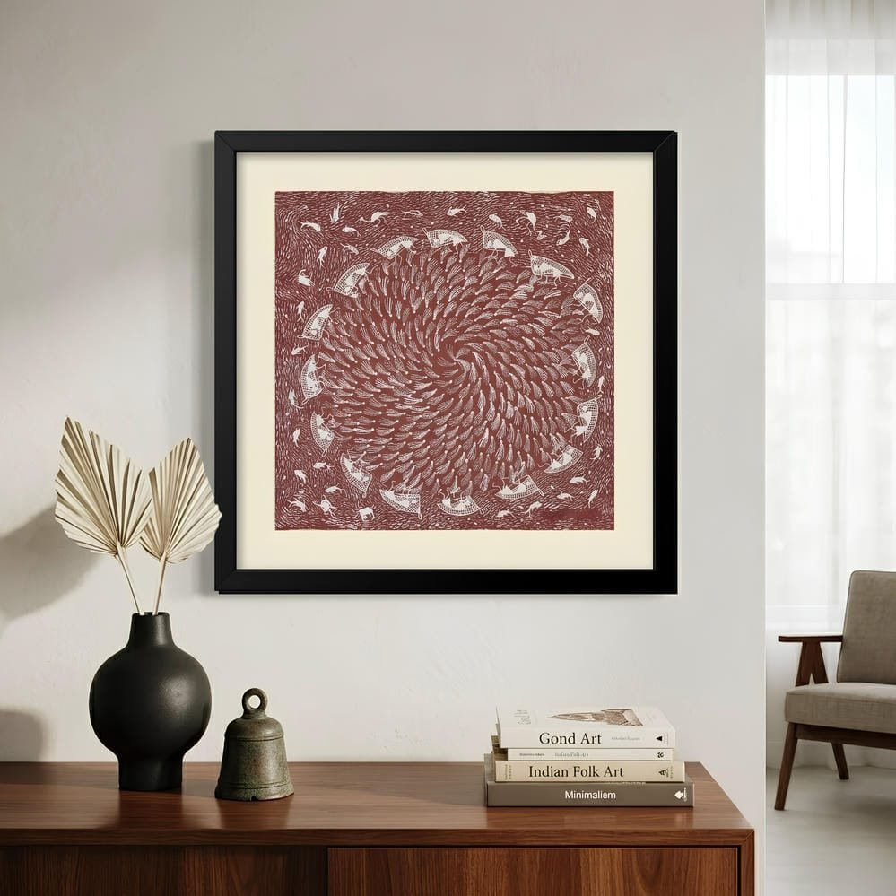 Authentic Warli Marine Life Painting on Canvas - Handmade Fishing Scene