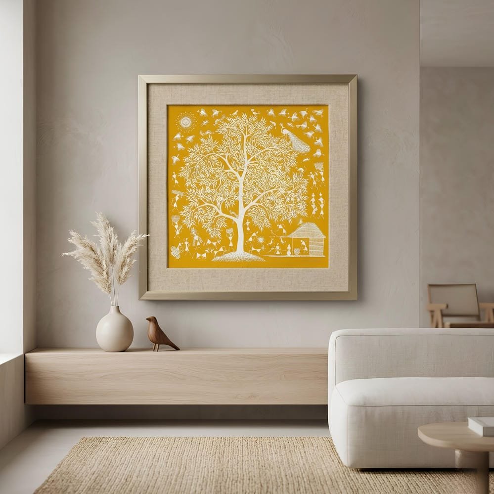 Original Warli Tree of Life Canvas Painting - Handmade Folk