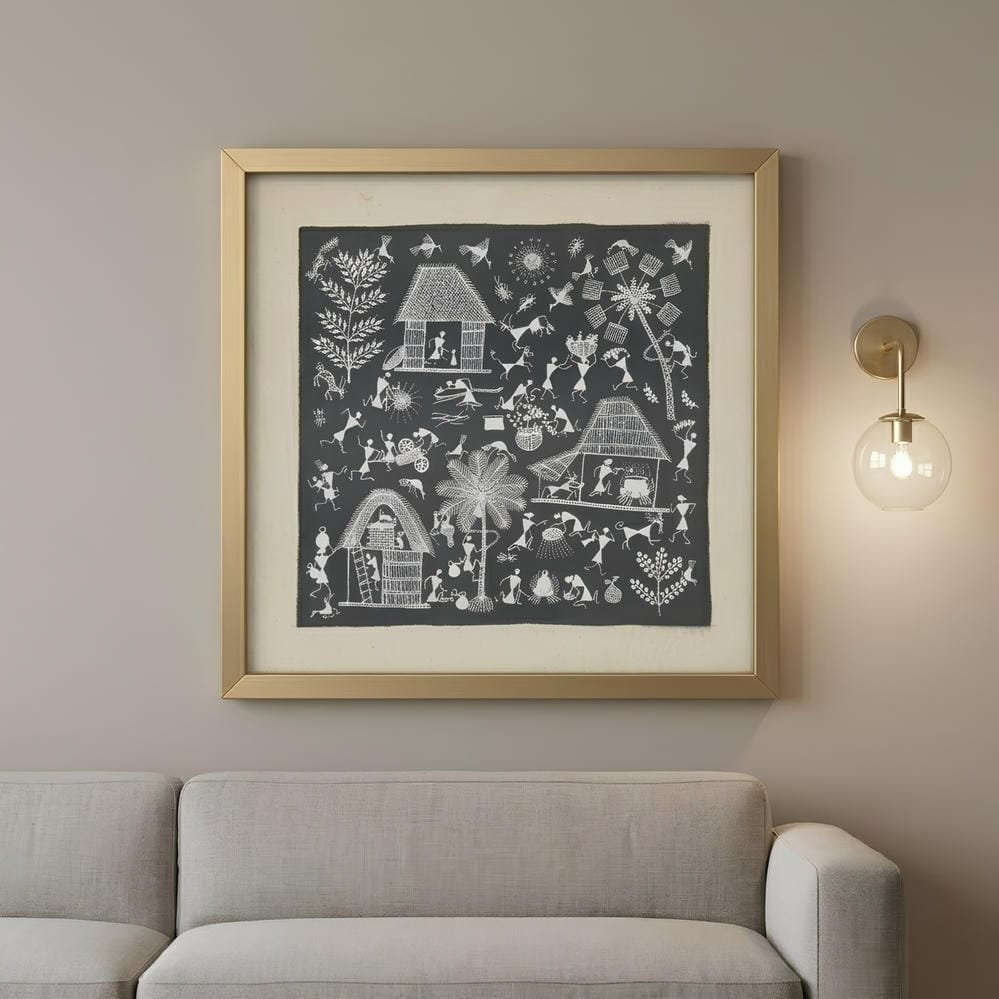 Handmade Warli Painting - Traditional Tribal Village Life