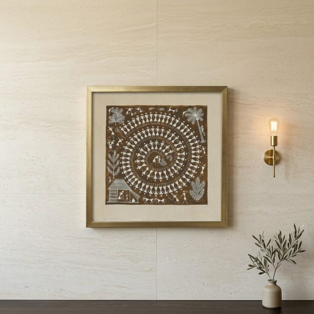 Handmade Warli Painting - Sacred Spiral Tarpa Dance