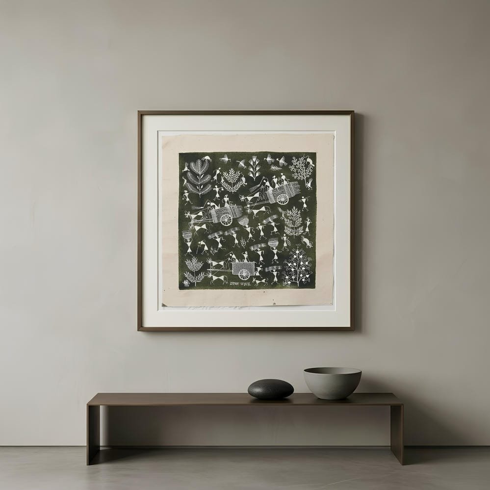 Handmade Warli Painting - Rural Village Harvest Scene