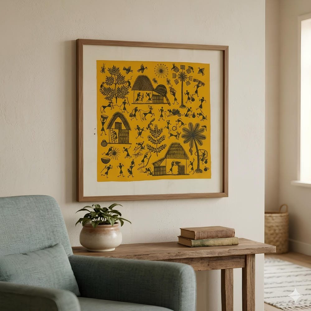 Handpainted Warli Tribal Village Life Painting on Canvas