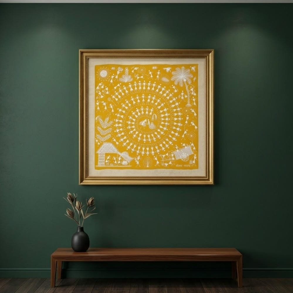 Handmade Warli Painting on Canvas - Traditional Indian Tribal