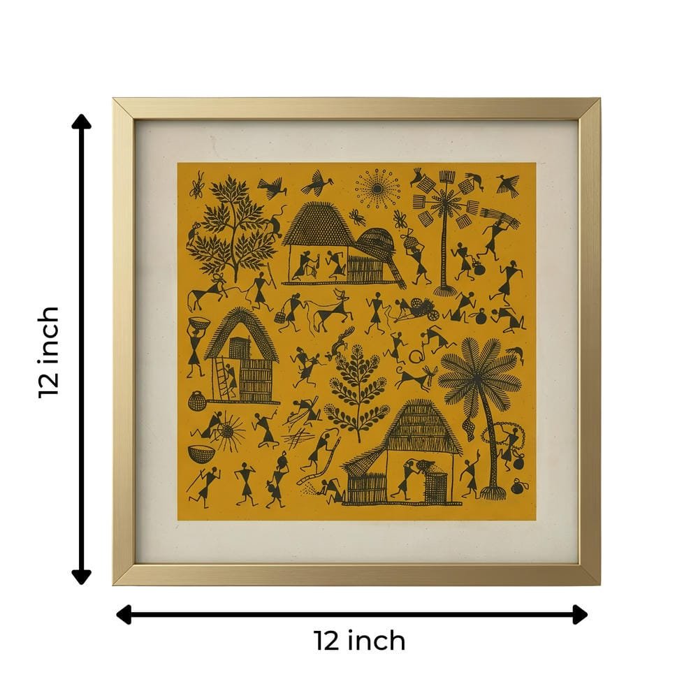 Handpainted Warli Tribal Village Life Painting on Canvas alternate view