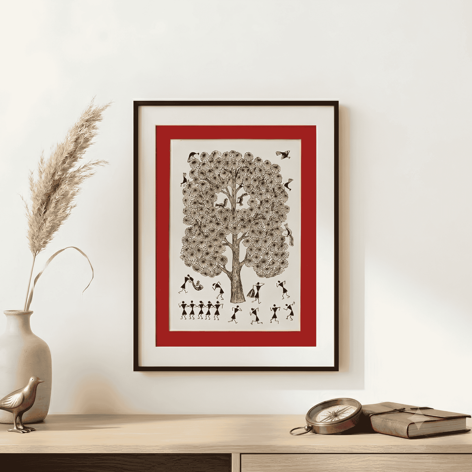 Authentic Warli Tarpa Dance & Tree of Life Monochrome alternate view