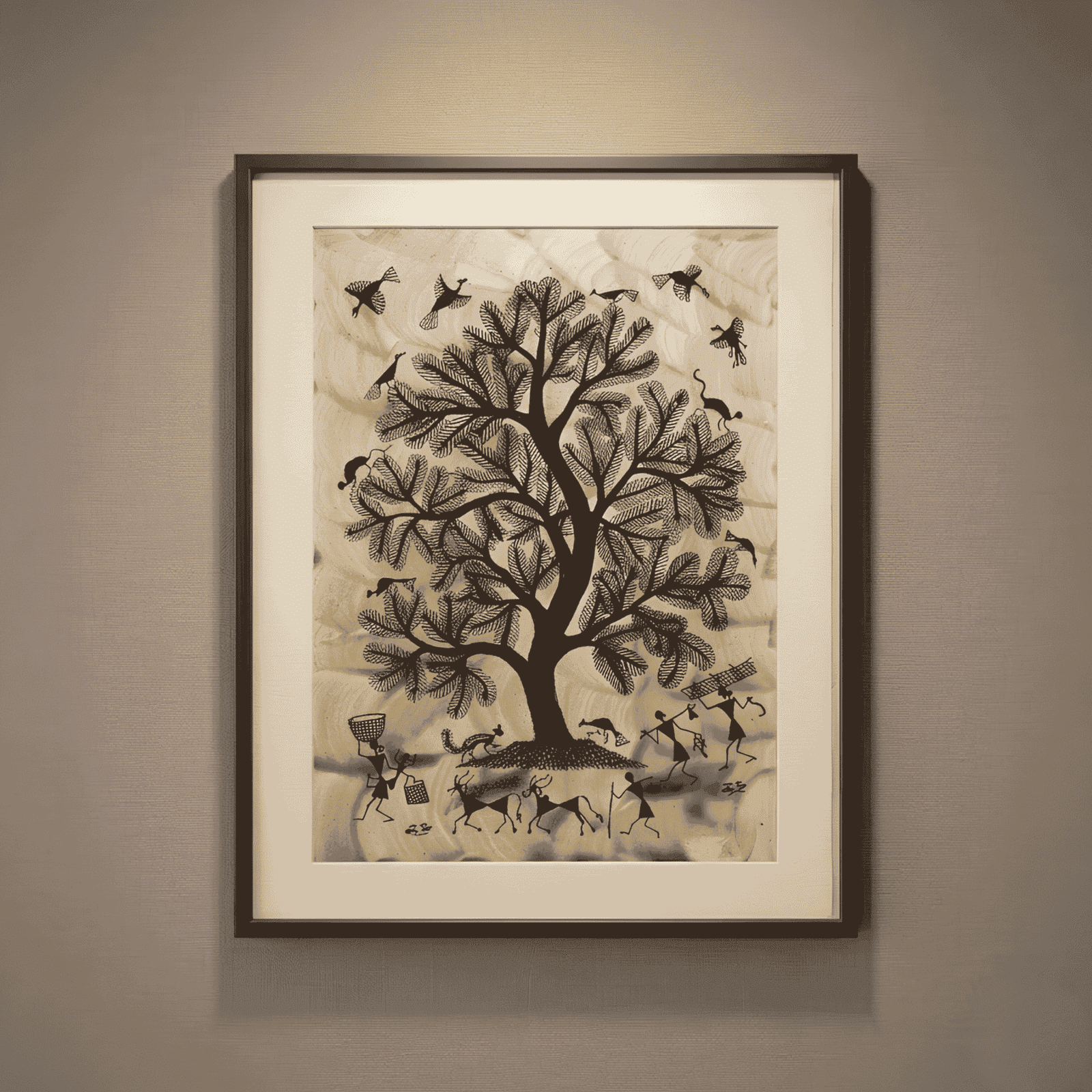 Original Warli Painting on Textured Earthy Background – The Sacred Tree