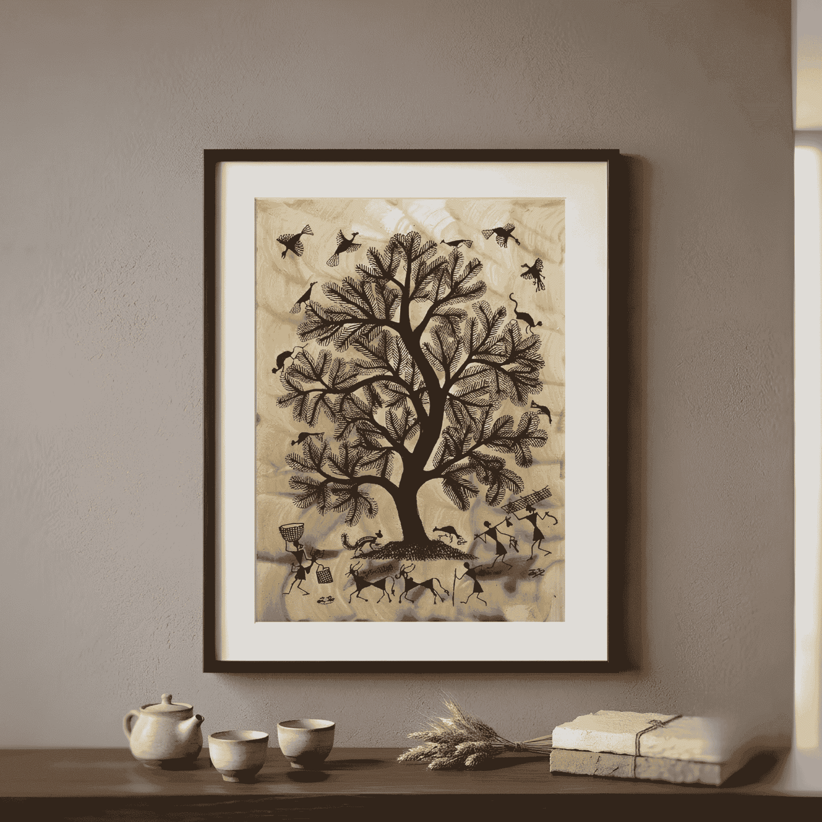 Original Warli Painting on Textured Earthy Background – The Sacred Tree alternate view