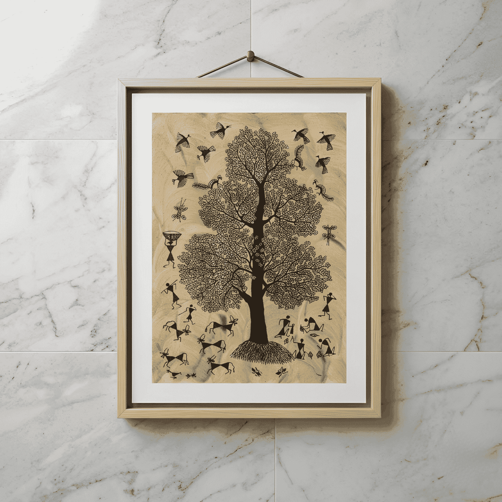Hand-Painted Warli Art: The Abundant Tree of Life on Earthy Mud-Texture Background