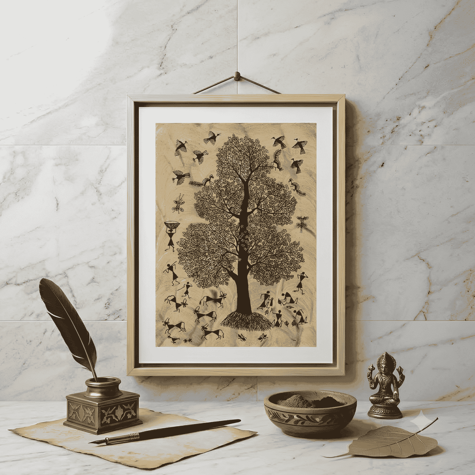 Hand-Painted Warli Art: The Abundant Tree of Life on Earthy Mud-Texture Background alternate view