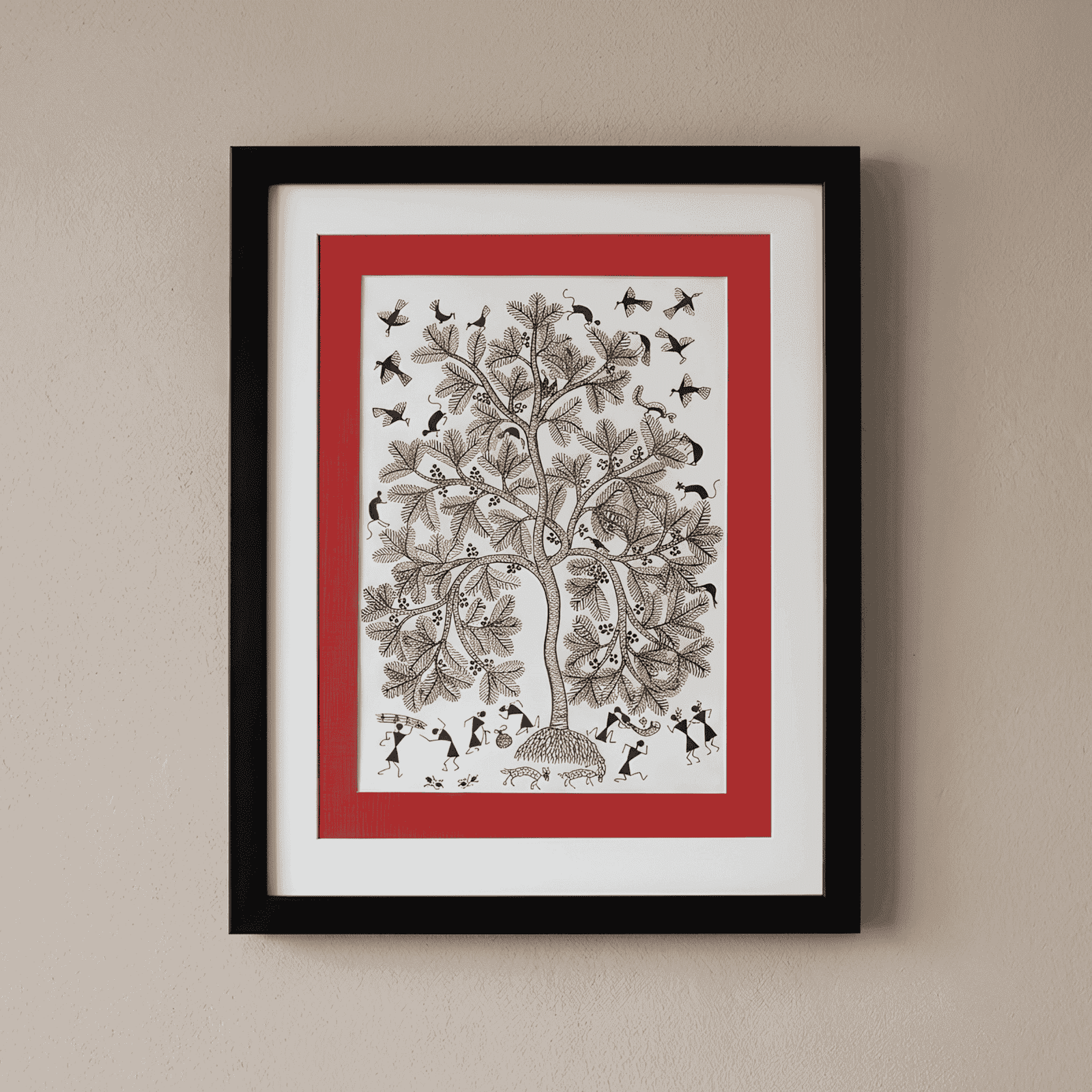 Original Monochrome Warli Painting – The Sacred Fruiting Tree