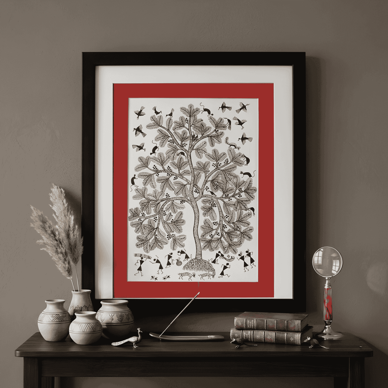 Original Monochrome Warli Painting – The Sacred Fruiting Tree alternate view
