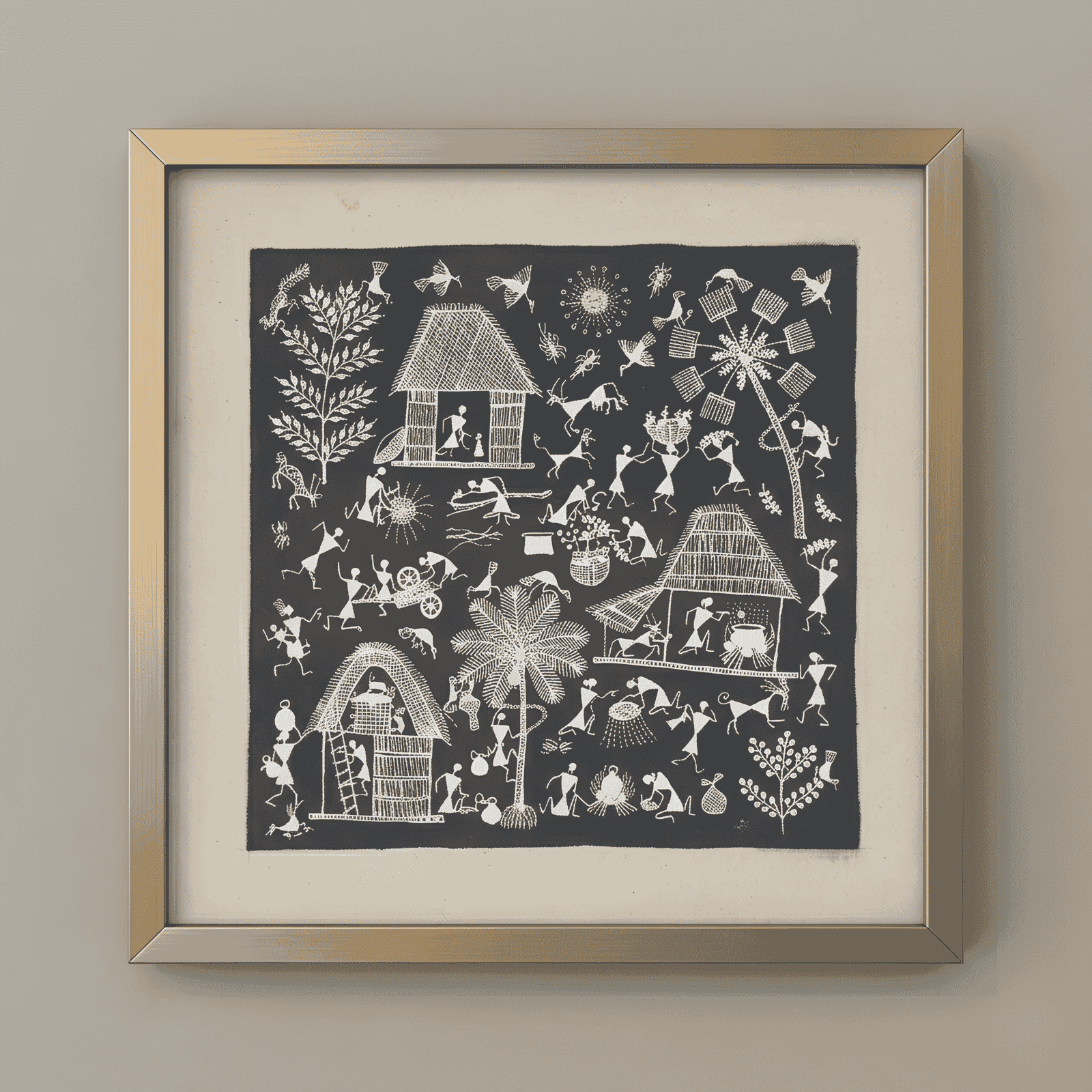 Handmade Warli Painting - Traditional Tribal Village Life