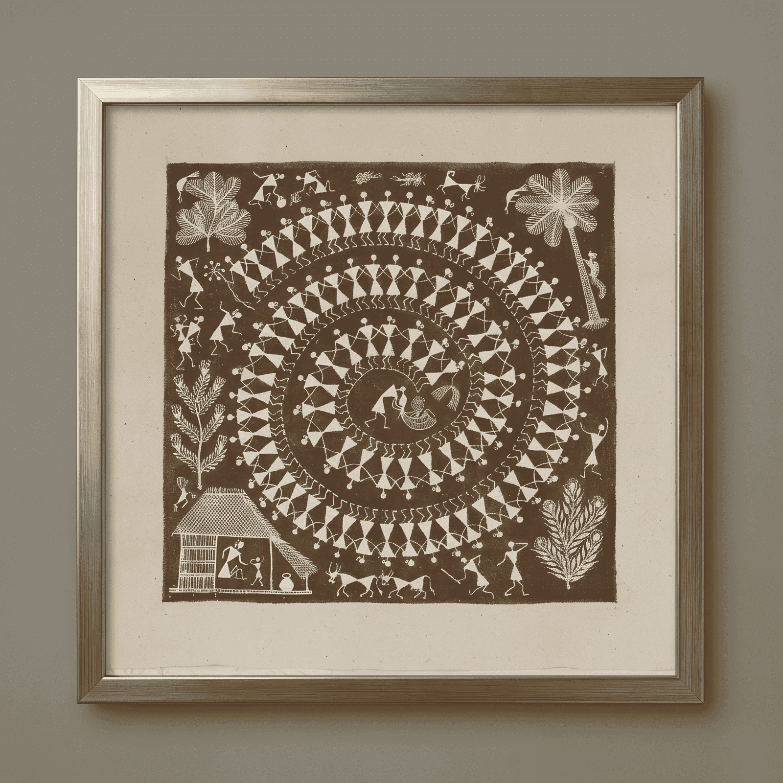 Handmade Warli Painting - Sacred Spiral Tarpa Dance