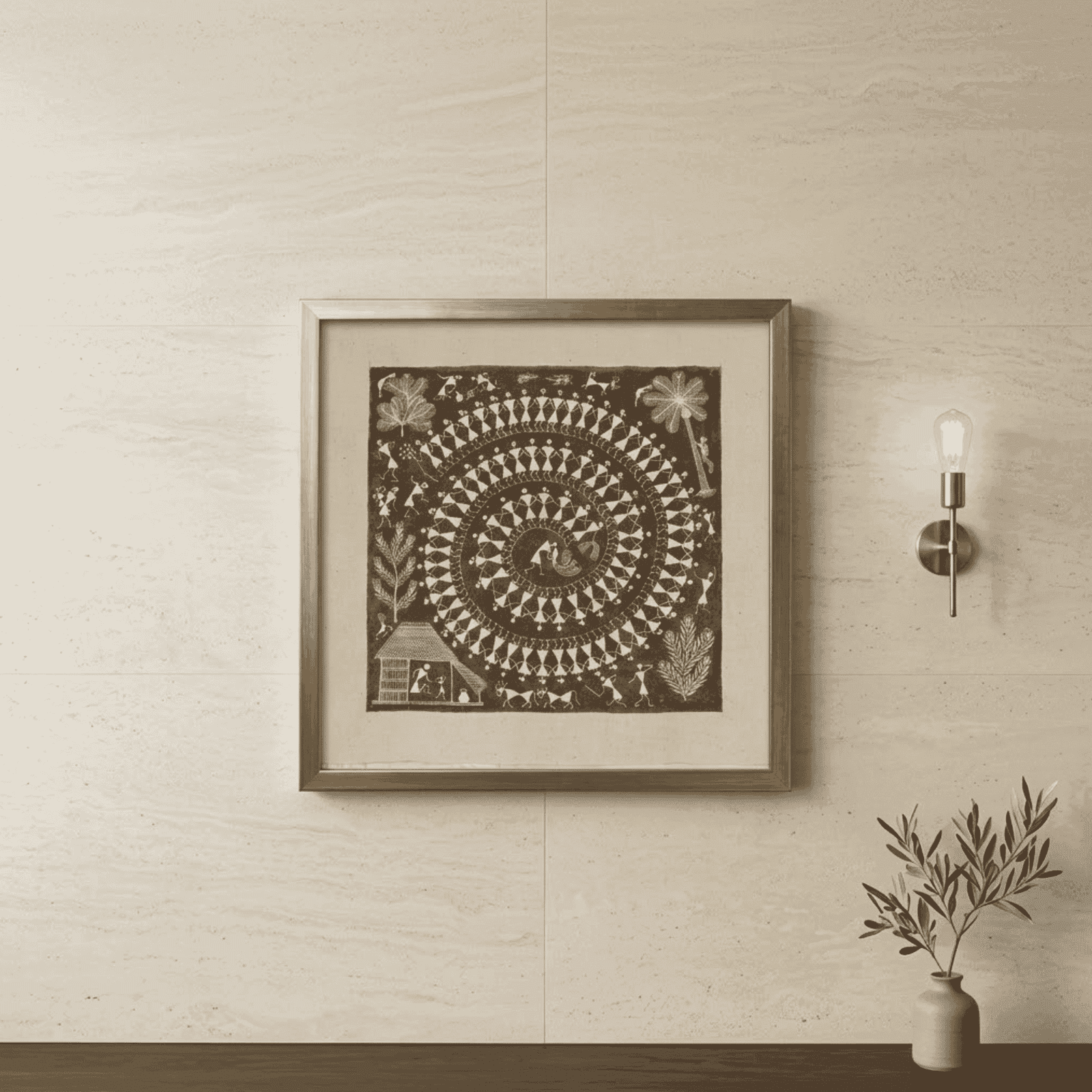 Handmade Warli Painting - Sacred Spiral Tarpa Dance alternate view