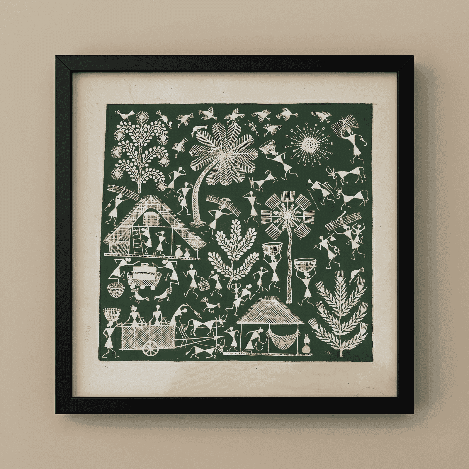Handmade Warli Painting - Traditional Village Life