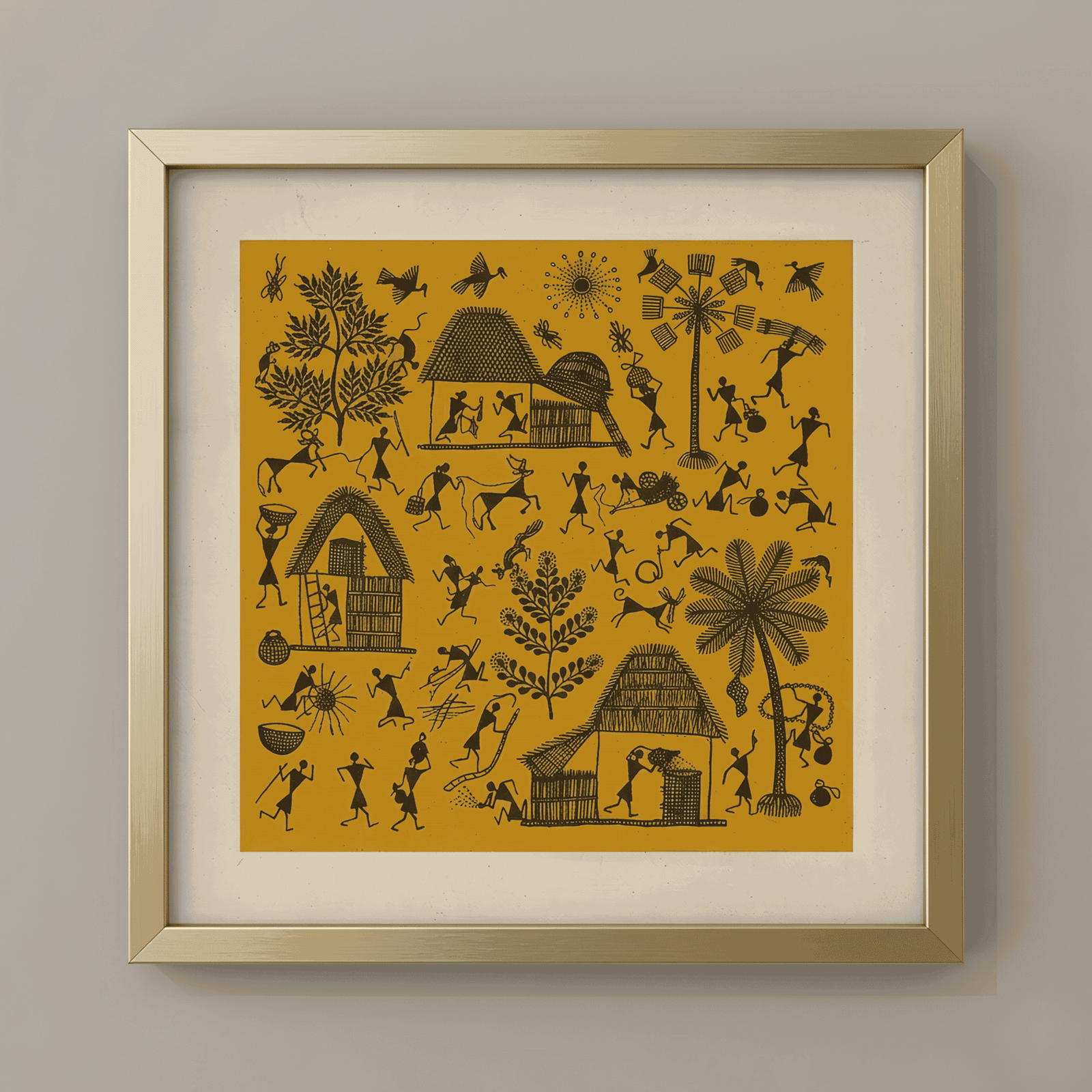 Handpainted Warli Tribal Village Life Painting on Canvas