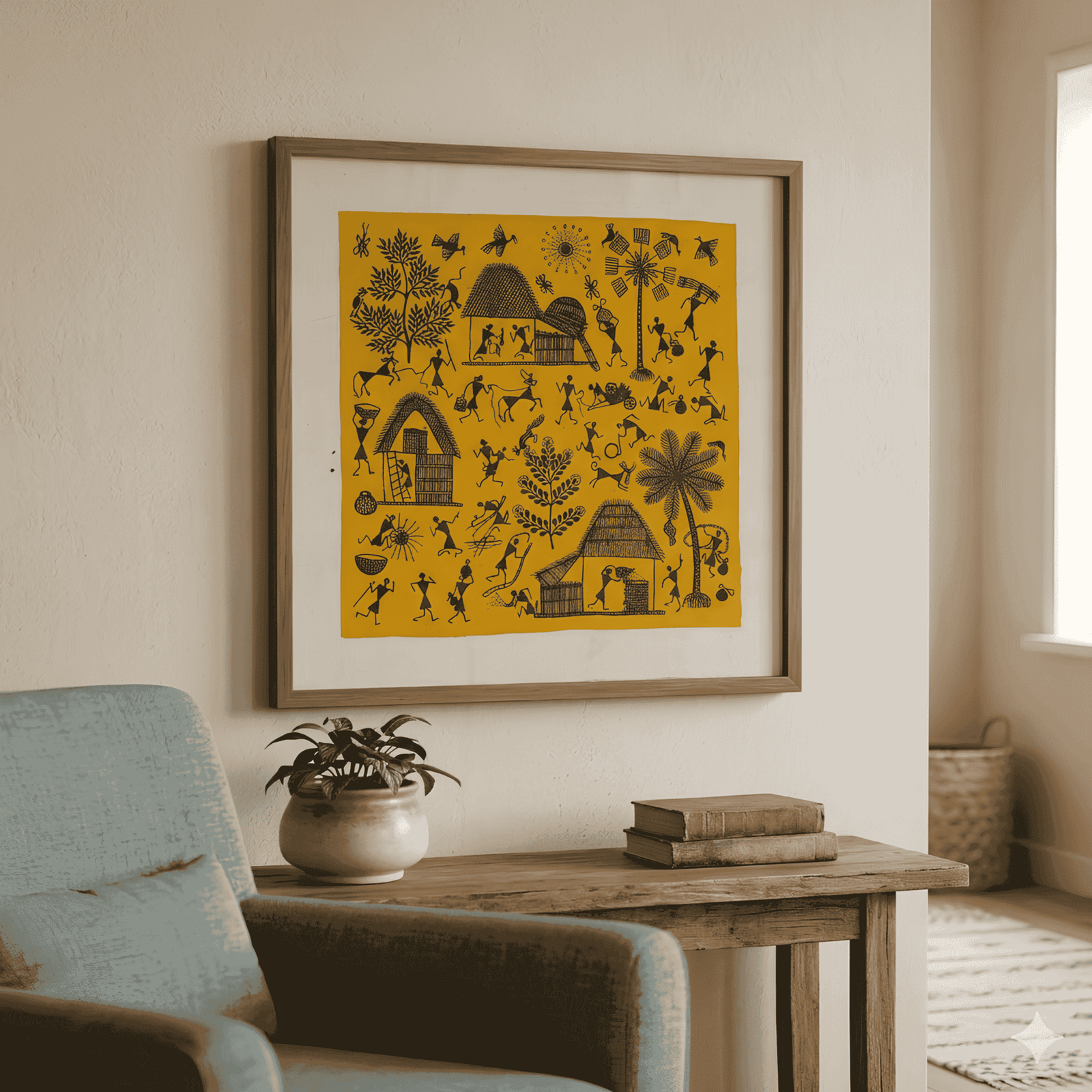 Handpainted Warli Tribal Village Life Painting on Canvas alternate view