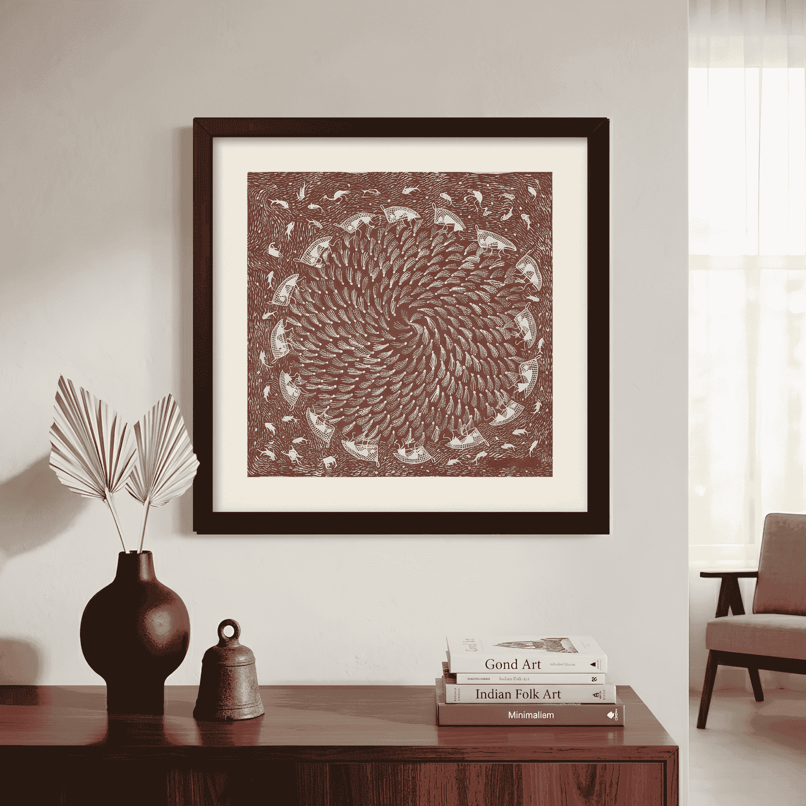 Authentic Warli Marine Life Painting on Canvas - Handmade Fishing Scene alternate view