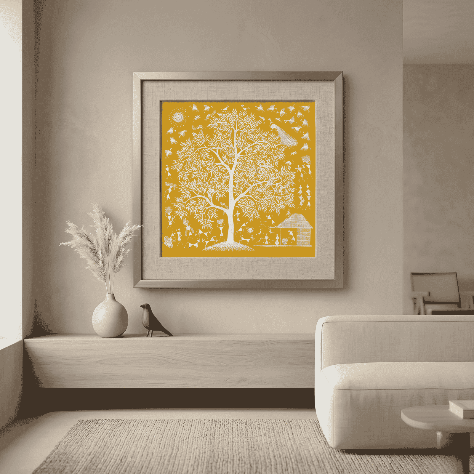 Original Warli Tree of Life Canvas Painting - Handmade Folk alternate view